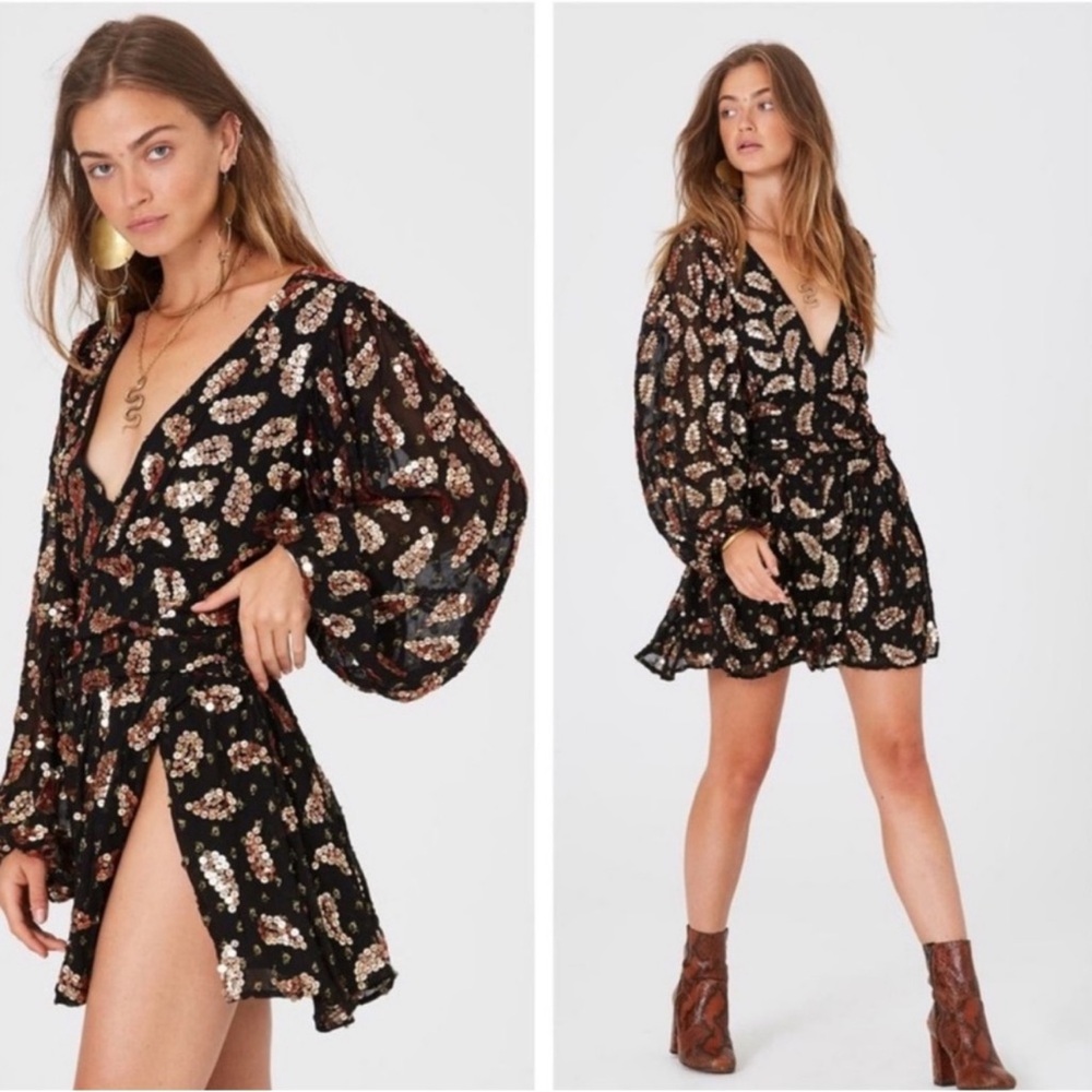 Jen’s Pirate Booty Paisley Lapis Sequin Beaded Embroidered Mini Dress